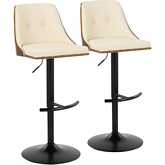 Gianna Adjustable Swivel Bar Stool in Black Metal, Walnut Wood & Cream Leatherette (Set of 2)